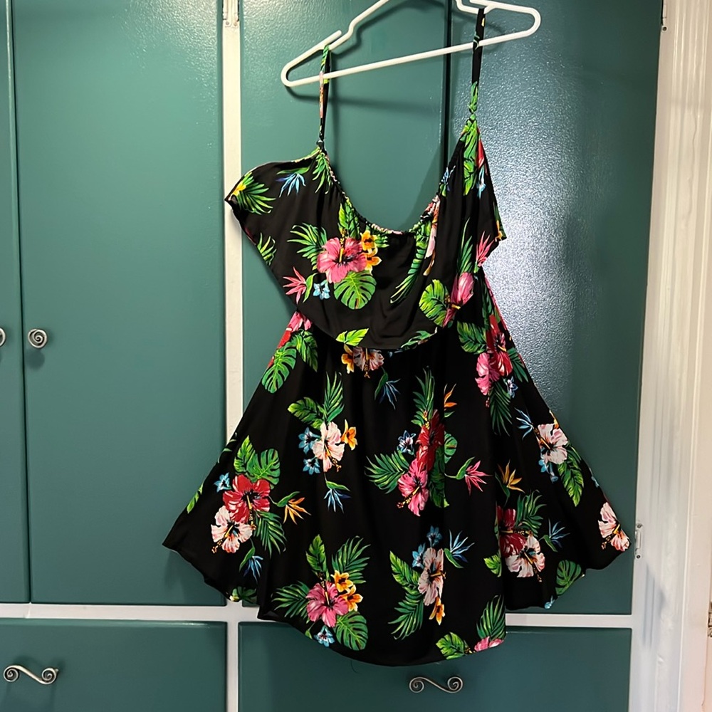 Sun dress tropical print - flared skirt bottom